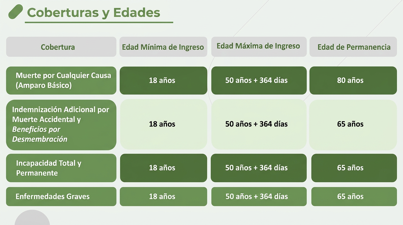 Tabla de coberturas y edades: muerte por cualquier causa, indemnización adicional, incapacidad total y permanente, enfermedades graves.